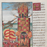 Artillerie und Militärmusik der Aragonesen. Lebendes Bild zu Ehren Erzherzog Karls (V.) bei seinem Einzug in Brügge, 18. April 1515. Wien, Österreichische Nationalbibliothek, Cod. 2591, fol. 25v