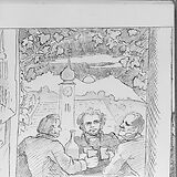 E. v. Bauernfeld (rechts) zusammen mit Fr. Schubert und Franz Lachner in einer Grinzinger Weinlaube. Druck nach einer Zeichnung von M. v. Schwind
