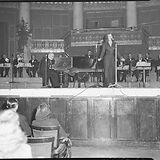 Helly Möslein und Hermann Leopoldi während der Übertragung der humoristischen Rätselsendung Freu dich nicht zu früh des Senders Rot-Weiß-Rot aus dem Großen Saal des Wiener Konzerthauses, 6.5.1948