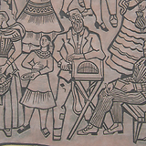 Invalider Werkelmann. Ausschnitt aus: Maximilian Florian, Wiener Spaziergänge von Schlögl, Sgraffito-Wandbild (1953). Gemeindebau Schlöglgasse 17 (Wien XII)