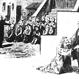 Van Dyck als Evangelimann im gleichnamigen Werk von W. Kienzl (Erstaufführung an der Wiener Hofoper, 11.1.1896): Choralunterricht der Kinder sowie Versöhnung mit dem vor ihm knienden Bruder Johannes alias Th. Reichmann (Wiener Bilder 19.1.1896, 5 [Ausschnitt])