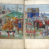 Ankunft und Begrüßung Erzherzog Karls (V.) vor dem Hl.-Kreuz-Tor der Stadt Brügge bei seinem Einzug am 18. April 1515; im Hintergrund (oben links) die Kutsche der Margarete v. Österreich. Wien, Österreichische Nationalbibliothek, Cod. 2591, fol. 7v/8r.