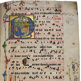 Passauer Graduale aus der Stiftsbibliothek Geras (Cod. 6, 1452). Messgesänge für das Weihnachtsfest. Initiale mit Darstellung des neugeborenen Jesus (fol. 13r).