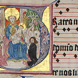 Passauer Graduale aus der Stiftsbibliothek Geras (Cod. 6, 1452, fol. 207r), Ausschnitt der Initiale mit Darstellung von Schreiber und Buchmaler.