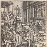 Hans Burgkmair, Maximilian I. als „Weißkunig“ in seiner Musikkammer mit Orgelpositiv und großem Klavichord, Holzschnitt 1516, Nachdruck 1888