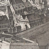 Komödienhaus (Bildmitte). Detail aus dem ‚Vogelschauplan‘ von Joseph Mulder (nach Folbert van Ouden-Allent, vor 1686).
