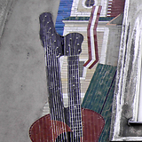 Kontragitarre im Gedenkmosaik auf H. Frankowski (bezeichnet „OR“). Neulerchenfelderstraße 39, Wien XVI (Wohnhaus-Wiederaufbaufonds, 1960)