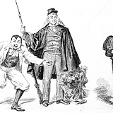 Dirkens (2. v. r.) in der Operette Die Löwenjäger (Libretto: Paul von Schönthan und L. Stein, Musik: Georg Verő) bei einer Aufführung im Theater an der Wien (Wiener Bilder 18.10.1896, 10)