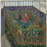 Lebendes Bild mit dem Harfe spielenden Orpheus beim Einzug Erzherzog Karls (V.) in Brügge, 18. April 1515. Wien, Österreichische Nationalbibliothek, Cod. 2591, fol. 39v.