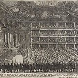 Innenansicht des Theaters auf der Cortina während einer Festaufführung von Il pomo d’oro von Antonio Cesti (1668). Radierung von Frans Geffels nach einer Zeichnung von Lodovico Burnacini.