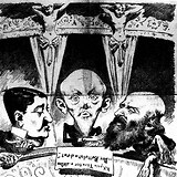 Karikatur aus Die Bombe 5.10.1884, 1 (von links nach rechts: Wilhelm Rab, N. v. Rothschild, Louis Lackenbacher)