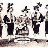 Geschwister Rainer in englischen Phantasiekostümen, einem Geschenk König Georgs IV. von England, anonyme Lithographie um 1827