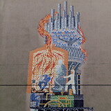 Mosaikwandbild (1967, nicht bezeichnet; Wohnhaus-Wiederaufbaufonds) mit bildlichen Reminiszenz an die Wiener Sängerknaben und die Augarten-Porzellanmanufaktur. Taborstraße 75a (Wien II)