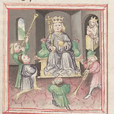 Thronbesteigung König Salomos. Miniatur einer Historienbibel (vermutlich Salzburg, 1448). Wien, Österreichische Nationalbibliothek, Cod. 2774, fol. 144v