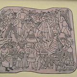 Maximilian Florian, Wiener Spaziergänge von Schlögl (Sgraffito-Wandbild, 1953) mit Heurigen- und Straßenmusikanten. Gemeindebau Schlöglgasse 17 (Wien XII)