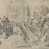 Arthur Schulz mit den Figurinen von Kasperl und Tod aus dem Puppenspiel Der Schatz von Lobenstein; Zeichnung von Robert Fuchs (Neues Wiener Tagblatt 27.7.1940, 9)