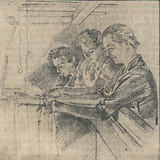 Arthur Scholz (r.) mit Frau Charlotte (Mitte) und Sohn Klaus (l.) bei UA des Puppenspiels Der Schatz von Lobenstein; Zeichnung von Robert Fuchs (Neues Wiener Tagblatt 27.7.1940, 9)