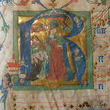 Graduale Cod. 306: Initiale R des Introitus Resurrexi et adhuc tecum für den Ostersonntag mit Stifter Udalschalk und dem Klosterwappen [Bischof Ulrich I. von Passau, Udalschalks Ehefrau und der erste Abt mit 12 Mönchen des Gründungskonventes aus Göttweig].