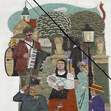 Sonntagsspaziergang, Mosaikwandbild (bezeichnet „OR“, 1966; Wohnhaus-Wiederaufbaufonds). Wienerbergstraße 36 (Wien X)
