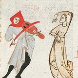 Spielmann und Tänzerin. Marginalie zu Accursius, Digestum Vetus. Universitätsbibliothek Graz, Ms. 32, fol. 106v (1. H. 14. Jh.).