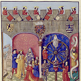 Trompeter der Stadt Brügge mit silbernen Trompeten zu Ehren Erzherzog Karls (V.) bei seinem Einzug am 18. April 1515; dazu Allegorie auf die erhoffte Wiederherstellung des Handels durch den künftigen Kaiser. Wien, Österreichische Nationalbibliothek, Cod. 2591, fol. 58v