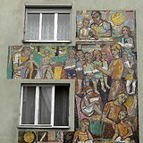 Johannes Wanke, Lernende Kinder, Mosaikwandbild (1954/55). Gemeindebau Aichholzgasse 57b (Wien XII)