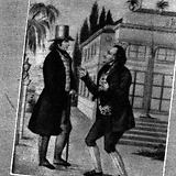 Als Flottnell (r.) in Der Verschwender (gemeinsam mit F. Raimund [l.] als Valentin); Szenenbild von der Premiere 1834 (Wiener Bilder, 10.12.1933, 11)