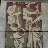 Ausschnitt aus: Arthur Hecke, Die Künste, Sgraffito-Wandbild (1952/53). Gemeindebau Boschstraße 20–22 (Wien XIX)