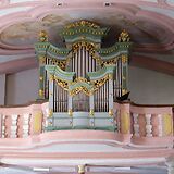 Pfarrkirche Vorchdorf, Orgelgehäuse von Peter Hötzl (1799) mit neuem Brüstungspositiv (1995).