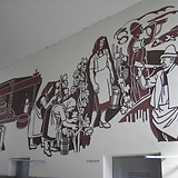 Hildegard Kraupa, Weinlese, Sgraffito-Wandbild (1959/60). Gemeindebau Arnethgasse 95–99 (Wien XVI)