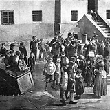 Zigeunerkapelle („braune Gesellen mit ihren schwarzen Augen und Bärten“) in einem Wiener Hinterhof (Wiener Bilder, 18.10.1896, 5 [„Wiener ‚Hof‘musikanten“])