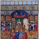 Drei Zinkisten neben dem Thron König Salomos. Lebendes Bild zu Ehren Erzherzog Karls (V.) bei seinem Einzug in Brügge, 18. April 1515. Wien, Österreichische Nationalbibliothek, Cod. 2591, fol. 44r